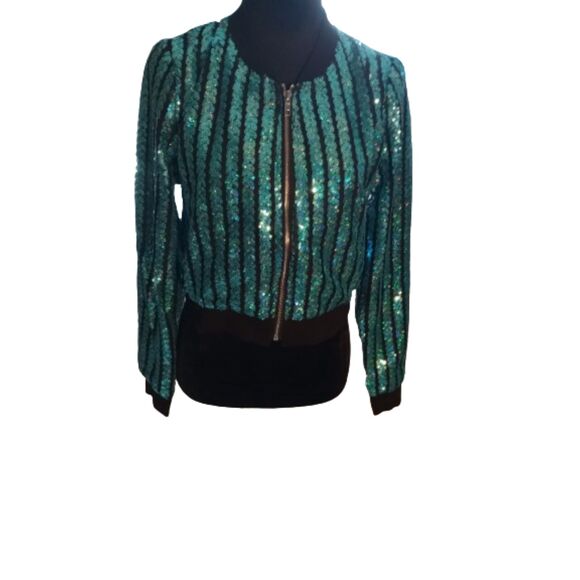 Allegra K Women's Size Small Green Sequin Zipper Up Jacket -NWT - Picture 1 of 7